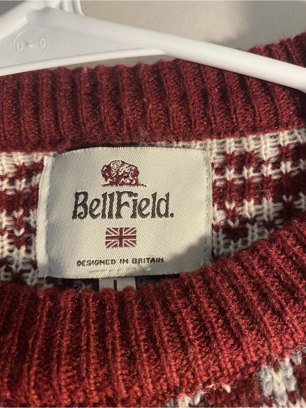 Bellfield Wool Blend Burgundy and Cream Fair Isle Nordic Crewneck Sweater